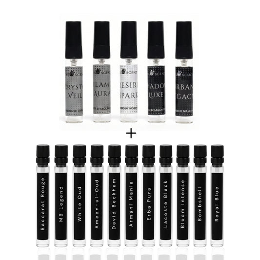 Combo Pack – 15 Premium Perfume Testers (5×5ml + 10×1ml)